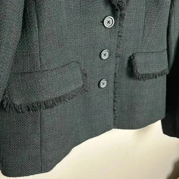 Karl Lagerfeld Blazer 12 Black Tweed Texture Fringe Trim Suit Jacket Office Work - Picture 4 of 11